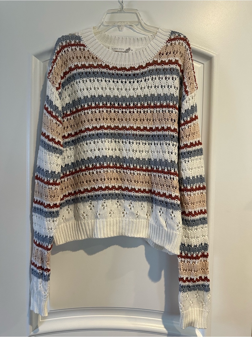 Altar'd State Multicolor Open-Knit Striped Crewneck Sweater Size XL